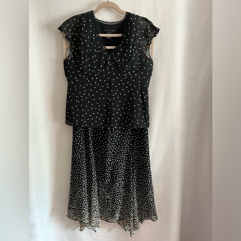 Apostrophe Special Occasion Two-Piece Dress. Black & Beige Polka Dots Polyester